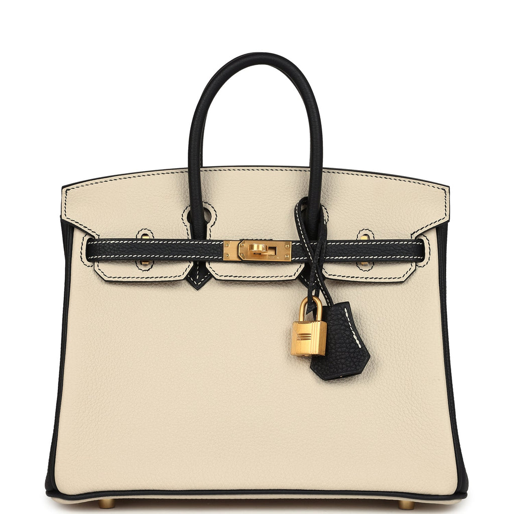 Birkin 25 Craie and Black Togo Brushed Gold Hardware