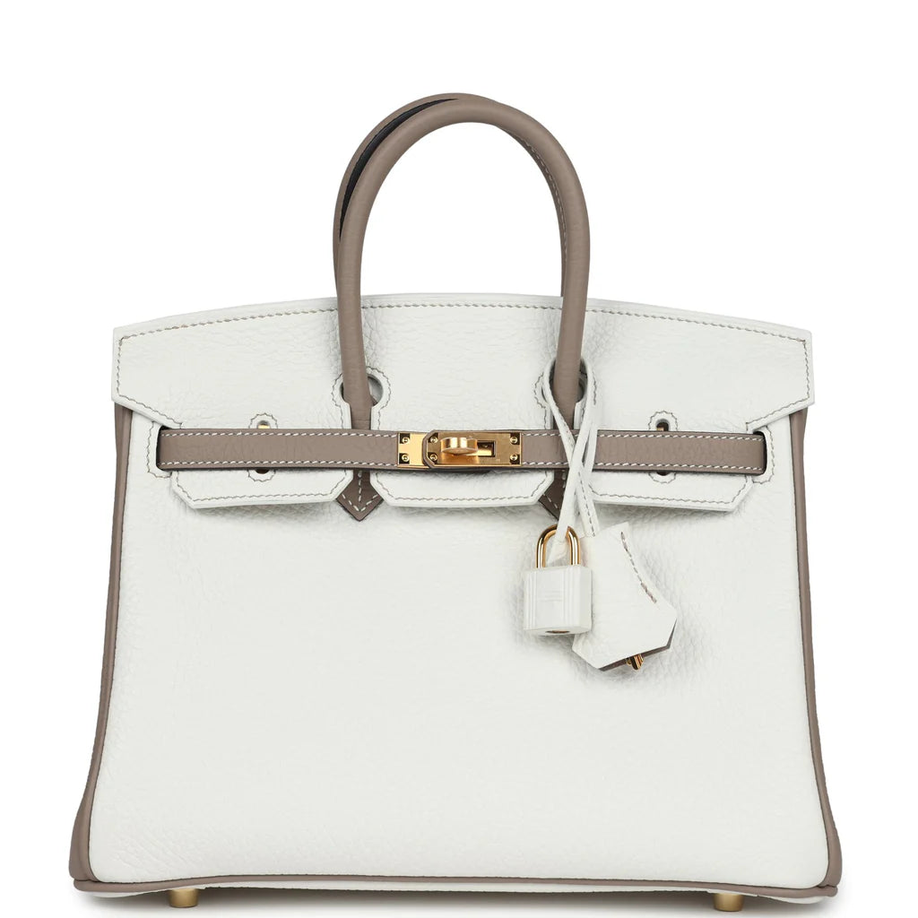 Birkin 25 White and Gris Tourterelle Clemence Gold Hardware