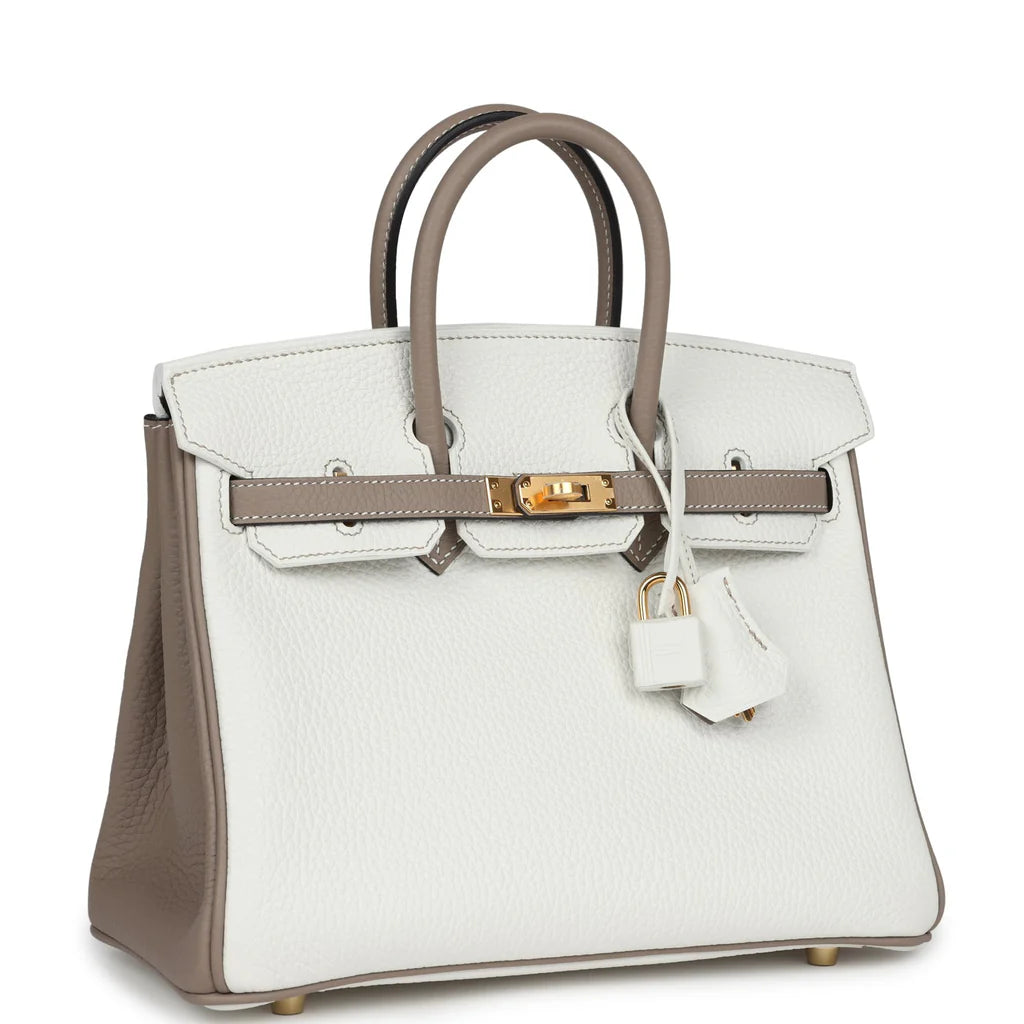 Birkin 25 White and Gris Tourterelle Clemence Gold Hardware
