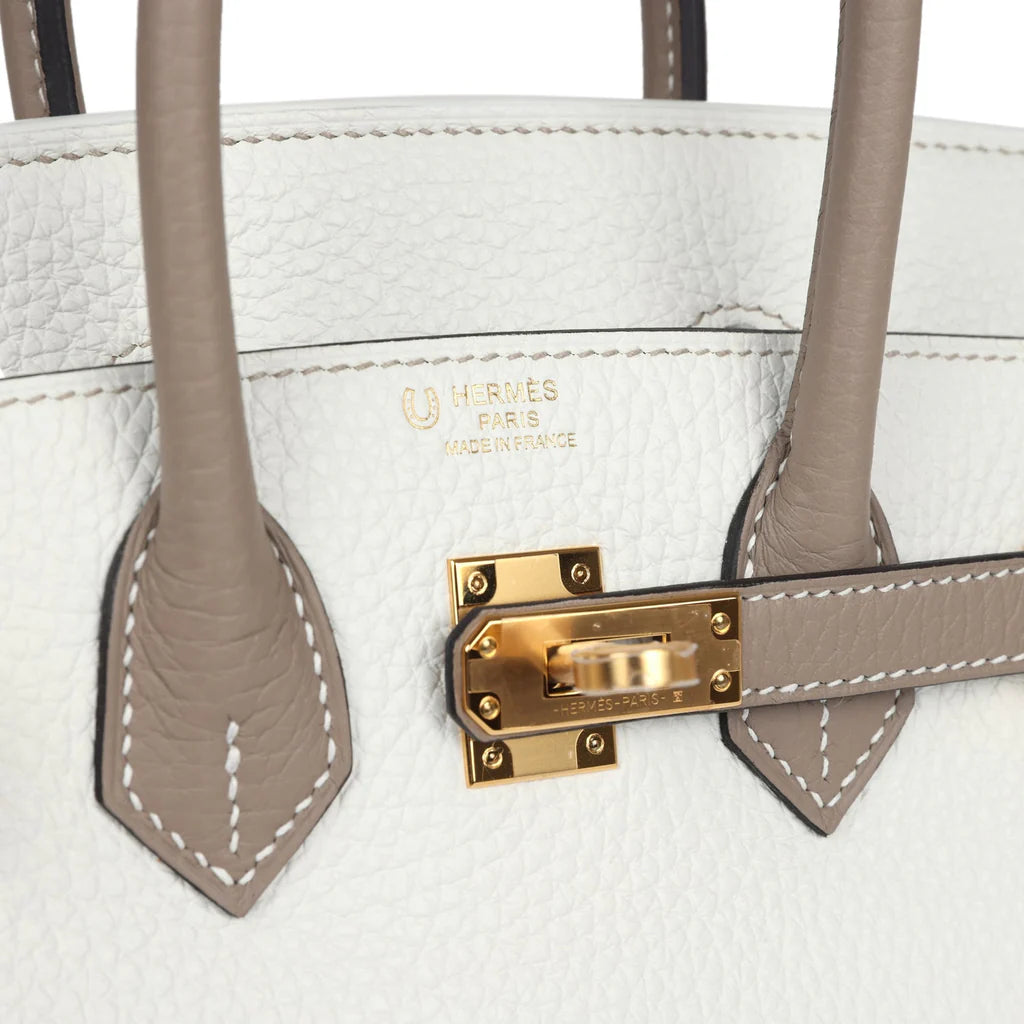 Birkin 25 White and Gris Tourterelle Clemence Gold Hardware