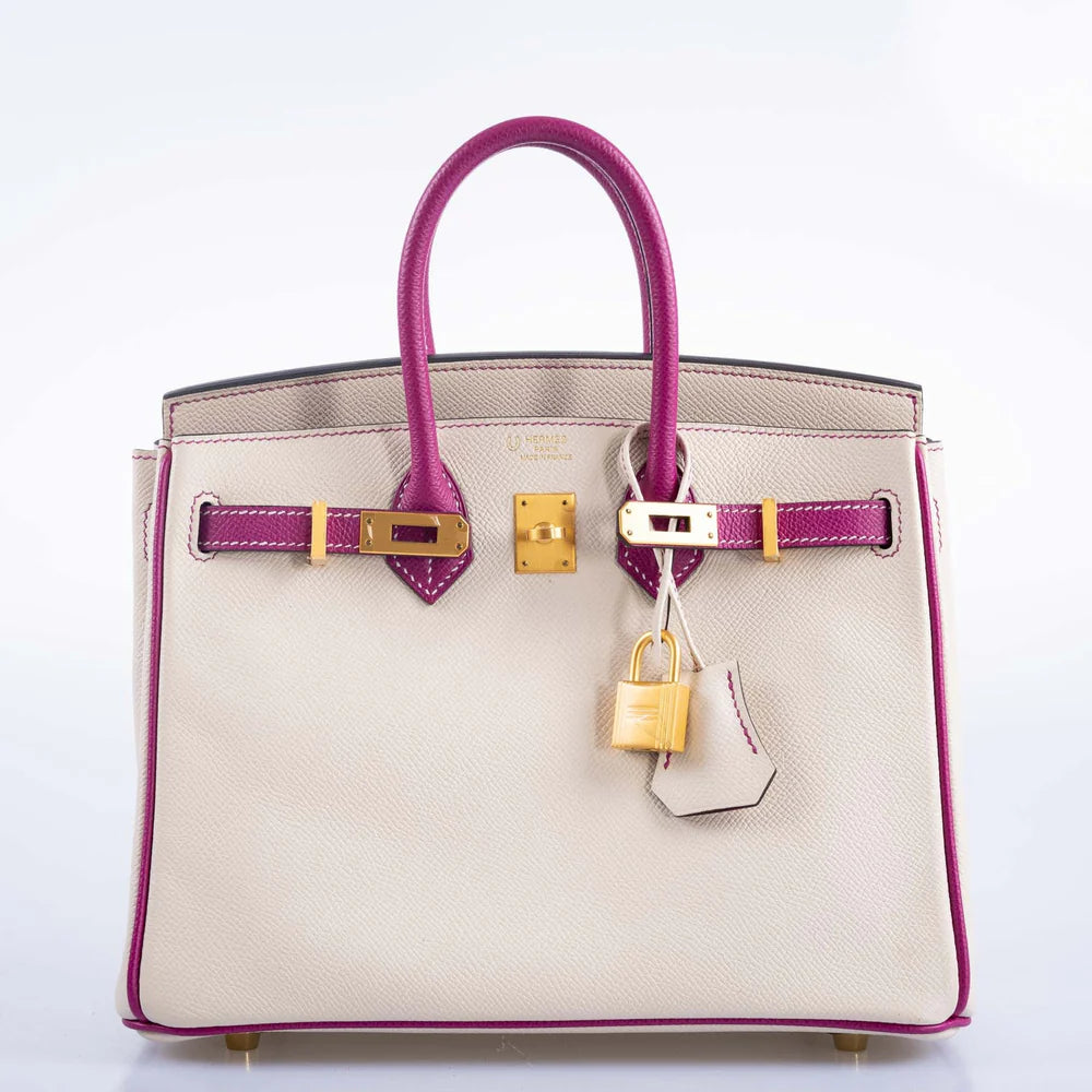 BIRKIN 25 HSS ROSE POURPRE AND CRAIE EPSOM WITH BRUSHED GOLD HARDWARE