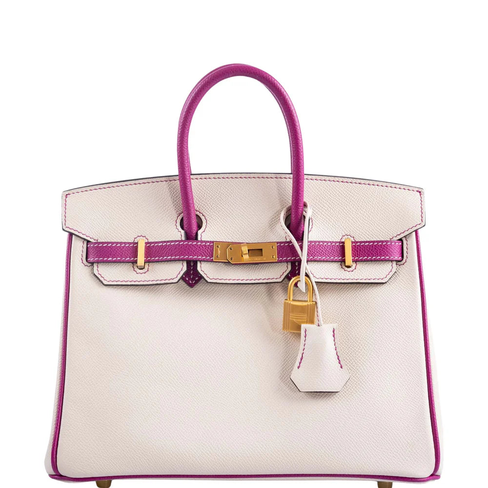 BIRKIN 25 HSS ROSE POURPRE AND CRAIE EPSOM WITH BRUSHED GOLD HARDWARE