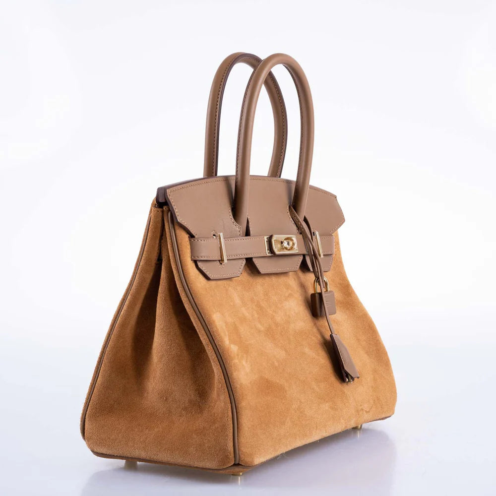 BIRKIN 30 GRIZZLY CHAMOIS VEAU DOBLIS SUEDE AND ALEZAN SWIFT WITH GOLD HARDWARE