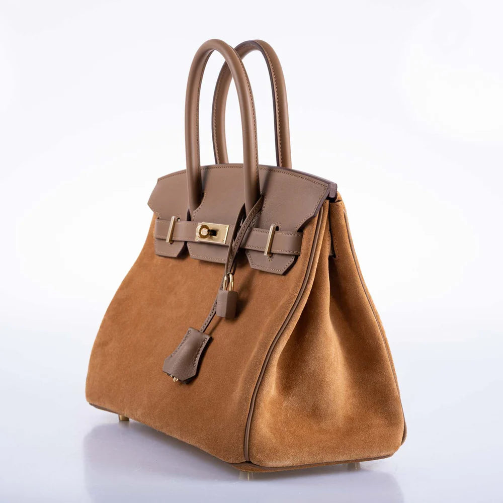 BIRKIN 30 GRIZZLY CHAMOIS VEAU DOBLIS SUEDE AND ALEZAN SWIFT WITH GOLD HARDWARE