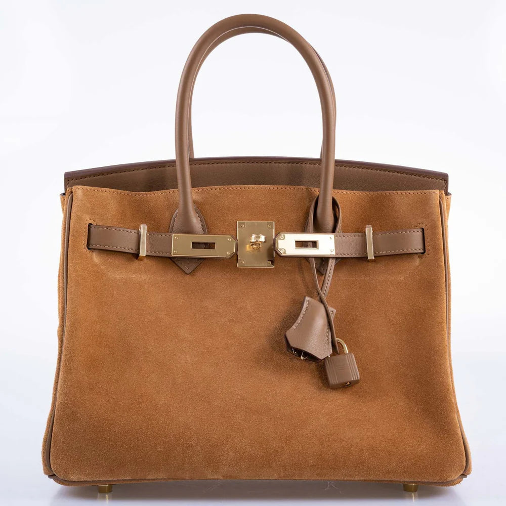 BIRKIN 30 GRIZZLY CHAMOIS VEAU DOBLIS SUEDE AND ALEZAN SWIFT WITH GOLD HARDWARE