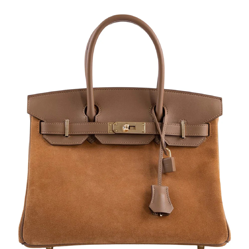 BIRKIN 30 GRIZZLY CHAMOIS VEAU DOBLIS SUEDE AND ALEZAN SWIFT WITH GOLD HARDWARE
