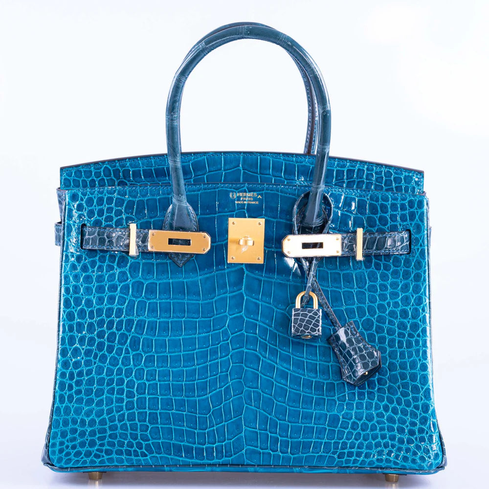 BIRKIN 30 HSS BLUE IZMIR AND BLUE COLVERT POROSUS CROCODILE BRUSHED GOLD HARDWARE