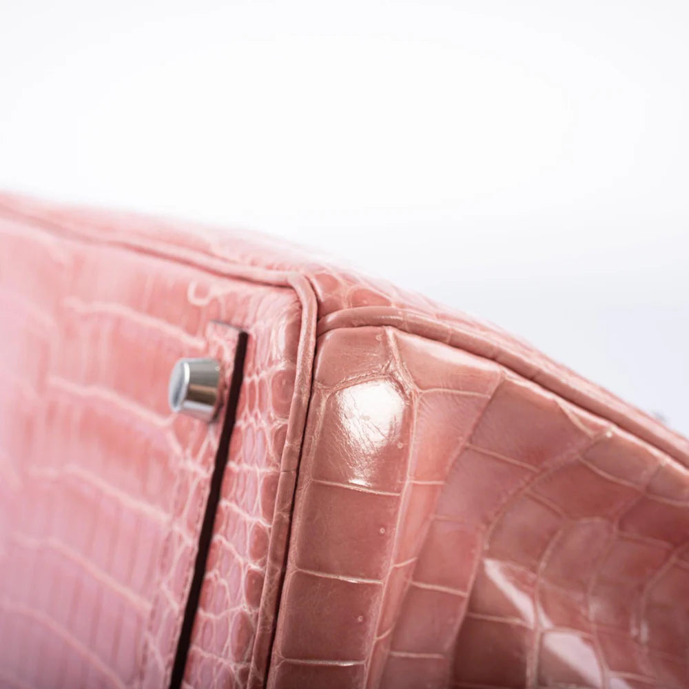 BIRKIN 30 ROSE INDIENNES SHINY POROSUS CROCODILE PALLADIUM HARDWARE