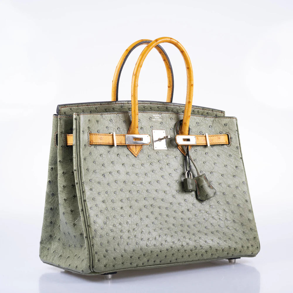 BIRKIN 35 SPECIAL ORDER VERT OLIVE & SABLE OSTRICH PALLADIUM HARDWARE