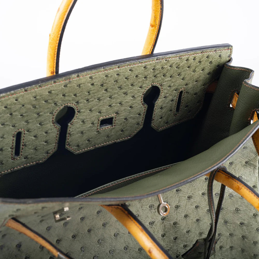BIRKIN 35 SPECIAL ORDER VERT OLIVE & SABLE OSTRICH PALLADIUM HARDWARE