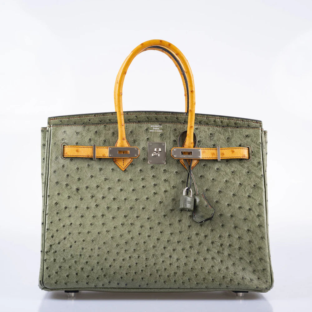 BIRKIN 35 SPECIAL ORDER VERT OLIVE & SABLE OSTRICH PALLADIUM HARDWARE