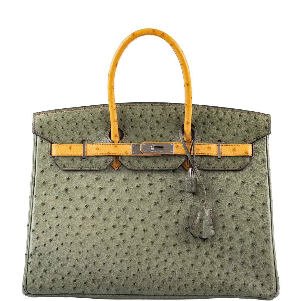 BIRKIN 35 SPECIAL ORDER VERT OLIVE & SABLE OSTRICH PALLADIUM HARDWARE