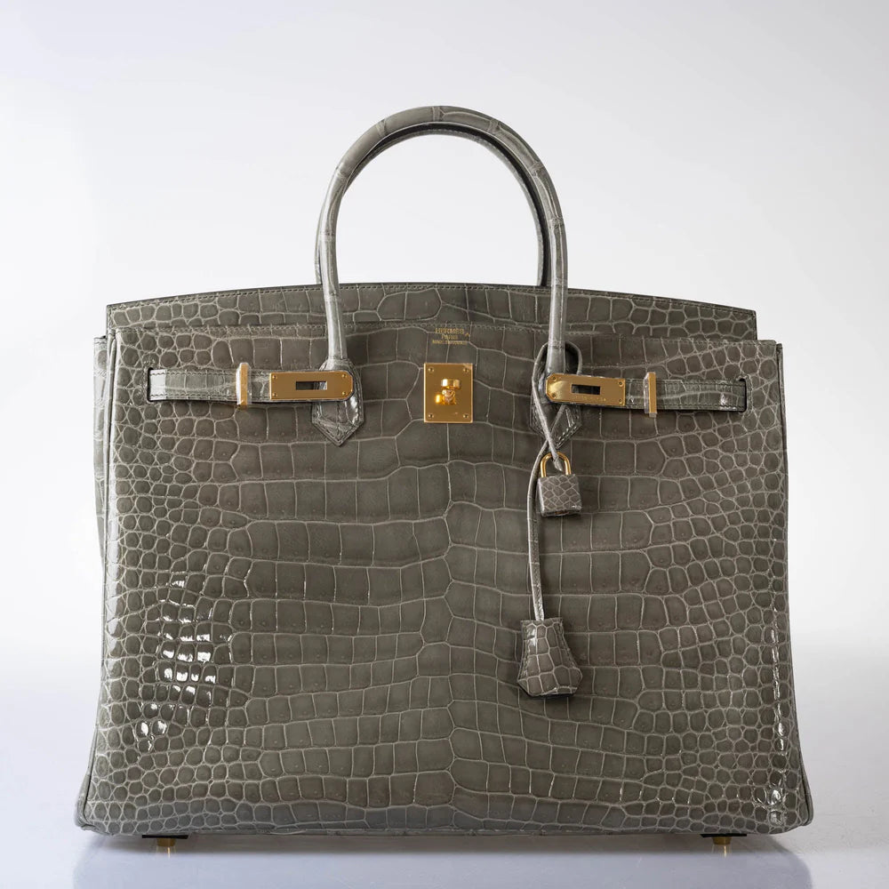 BIRKIN 40 GRIS TOURTERELLE SHINY POROSUS CROCODILE GOLD HARDWARE