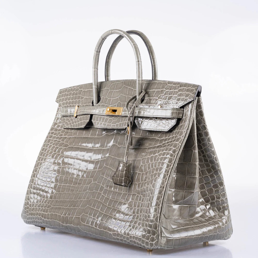 BIRKIN 40 GRIS TOURTERELLE SHINY POROSUS CROCODILE GOLD HARDWARE