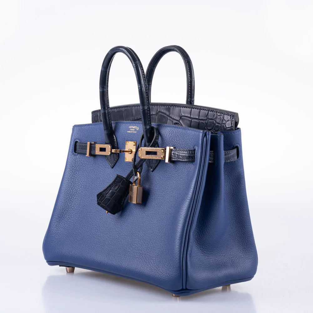 BIRKIN TOUCH 25 BLEU SAPHIR TOGO, BLEU MARINE MATTE ALLIGATOR ROSE GOLD HARDWARE