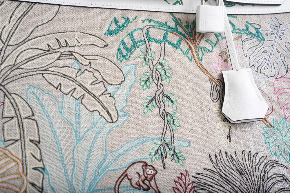 FAUBOURG TROPICAL BIRKIN 35 EMBROIDERED TOILE DE CAMP AND WHITE SWIFT PALLADIUM HARDWARE