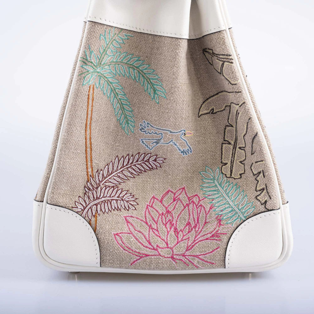 FAUBOURG TROPICAL BIRKIN 35 EMBROIDERED TOILE DE CAMP AND WHITE SWIFT PALLADIUM HARDWARE