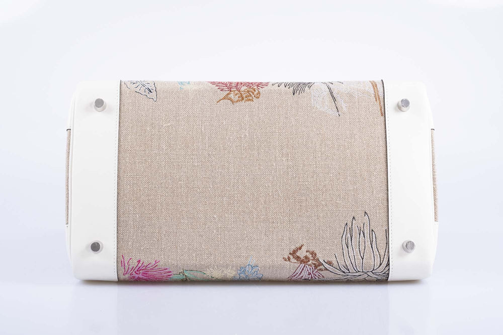 FAUBOURG TROPICAL BIRKIN 35 EMBROIDERED TOILE DE CAMP AND WHITE SWIFT PALLADIUM HARDWARE