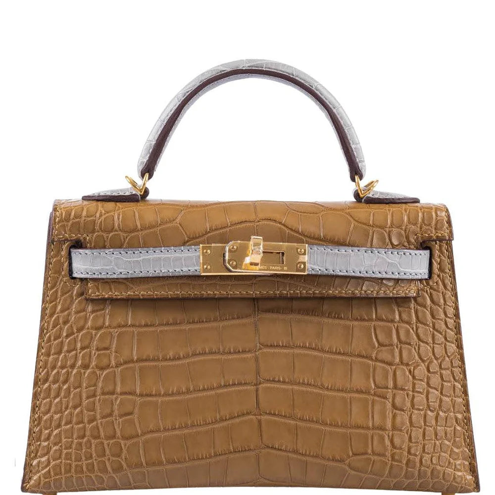 HSS KELLY 20 MINI II SELLIER KRAFT AND GRIS PERLE MATTE ALLIGATOR WITH GOLD HARDWARE