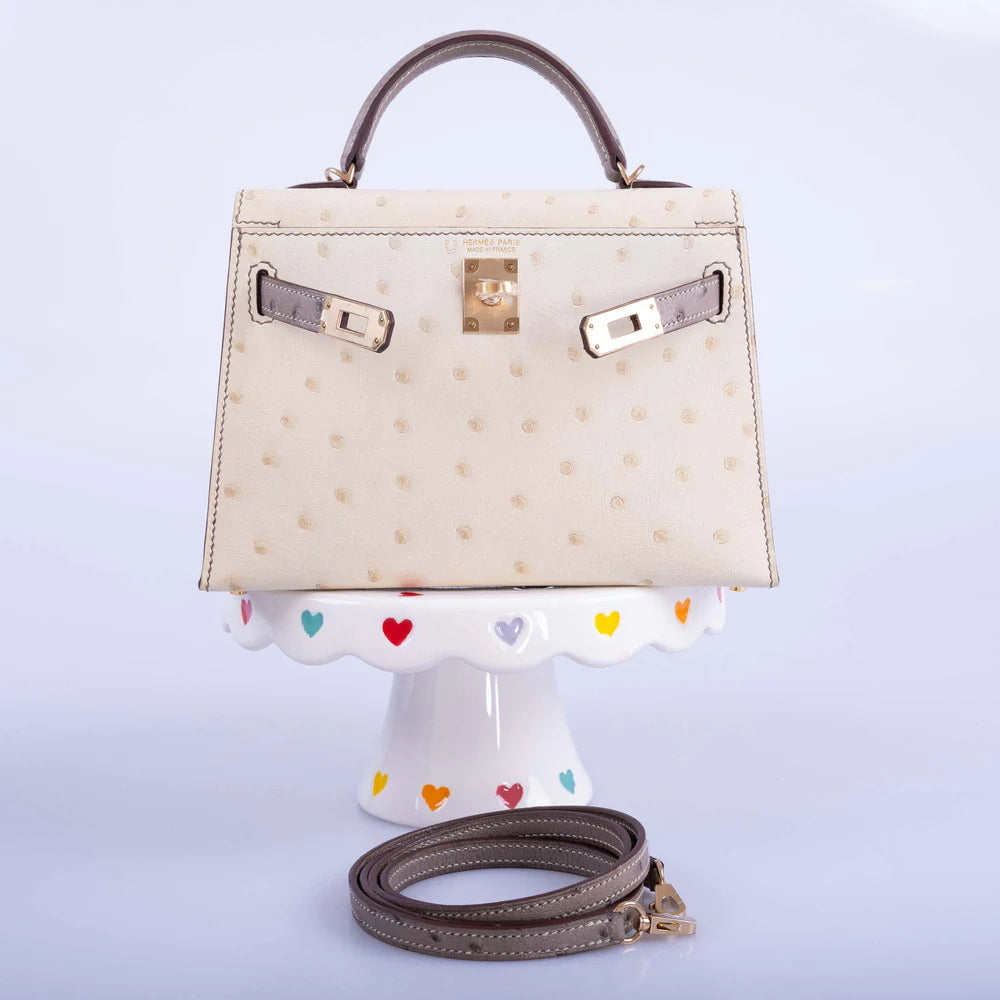 HSS KELLY MINI 20 SELLIER PARCHMENT AND ETOUPE OSTRICH CHAMPAGNE HARDWARE