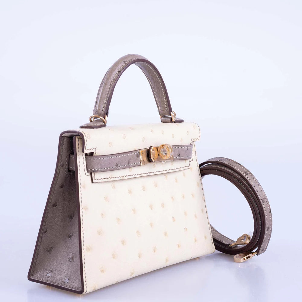 HSS KELLY MINI 20 SELLIER PARCHMENT AND ETOUPE OSTRICH CHAMPAGNE HARDWARE