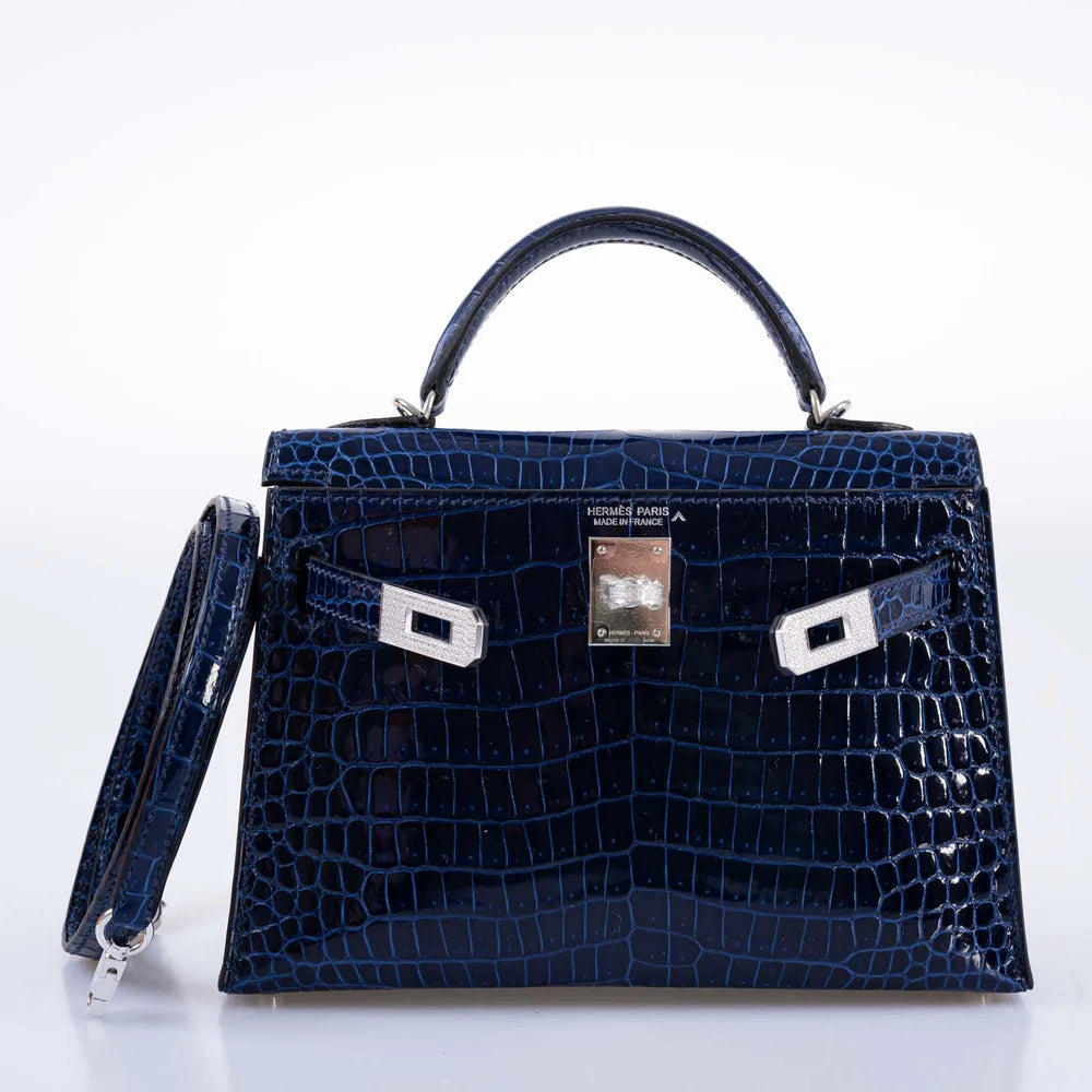 KELLY 20 MINI II SELLIER BLUE SAPPHIRE POROSUS CROCODILE WHITE GOLD HARDWARE WITH DIAMONDS