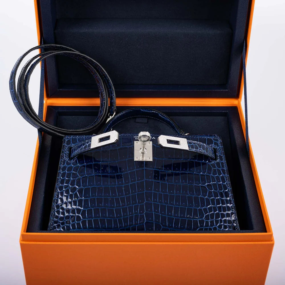 KELLY 20 MINI II SELLIER BLUE SAPPHIRE POROSUS CROCODILE WHITE GOLD HARDWARE WITH DIAMONDS