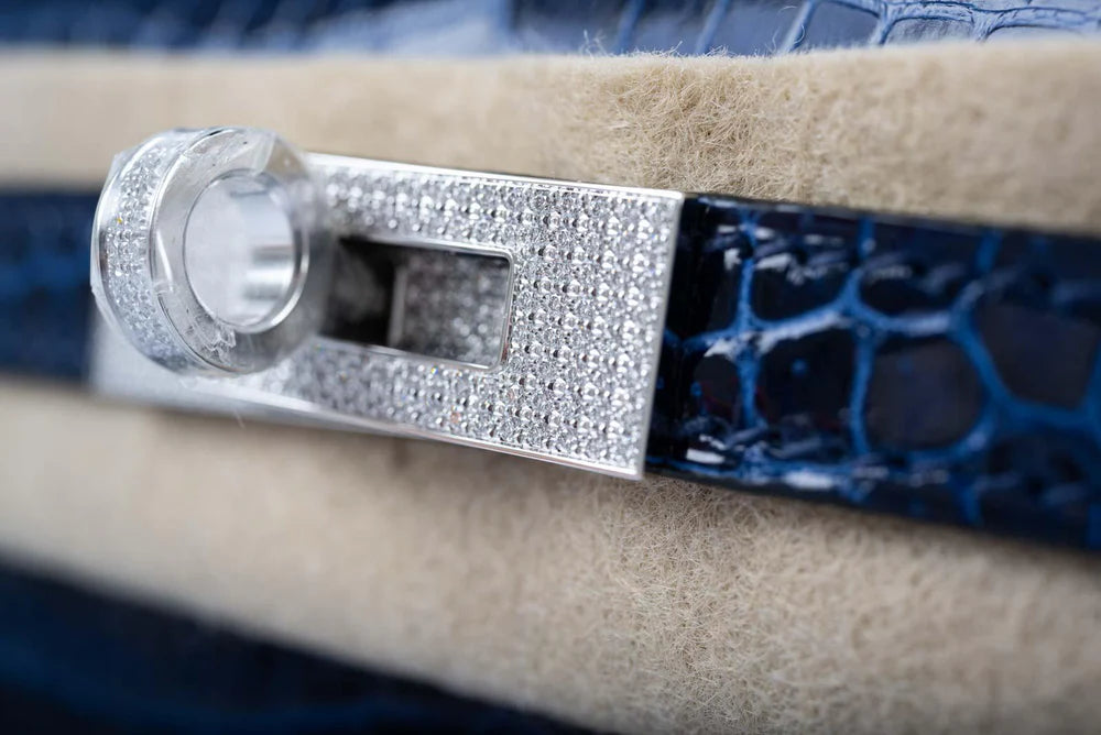 KELLY 20 MINI II SELLIER BLUE SAPPHIRE POROSUS CROCODILE WHITE GOLD HARDWARE WITH DIAMONDS