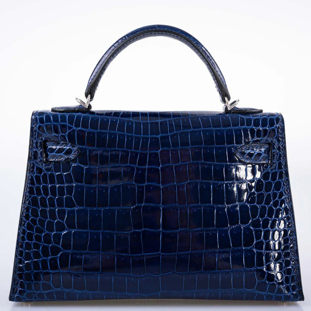 KELLY 20 MINI II SELLIER BLUE SAPPHIRE POROSUS CROCODILE WHITE GOLD HARDWARE WITH DIAMONDS