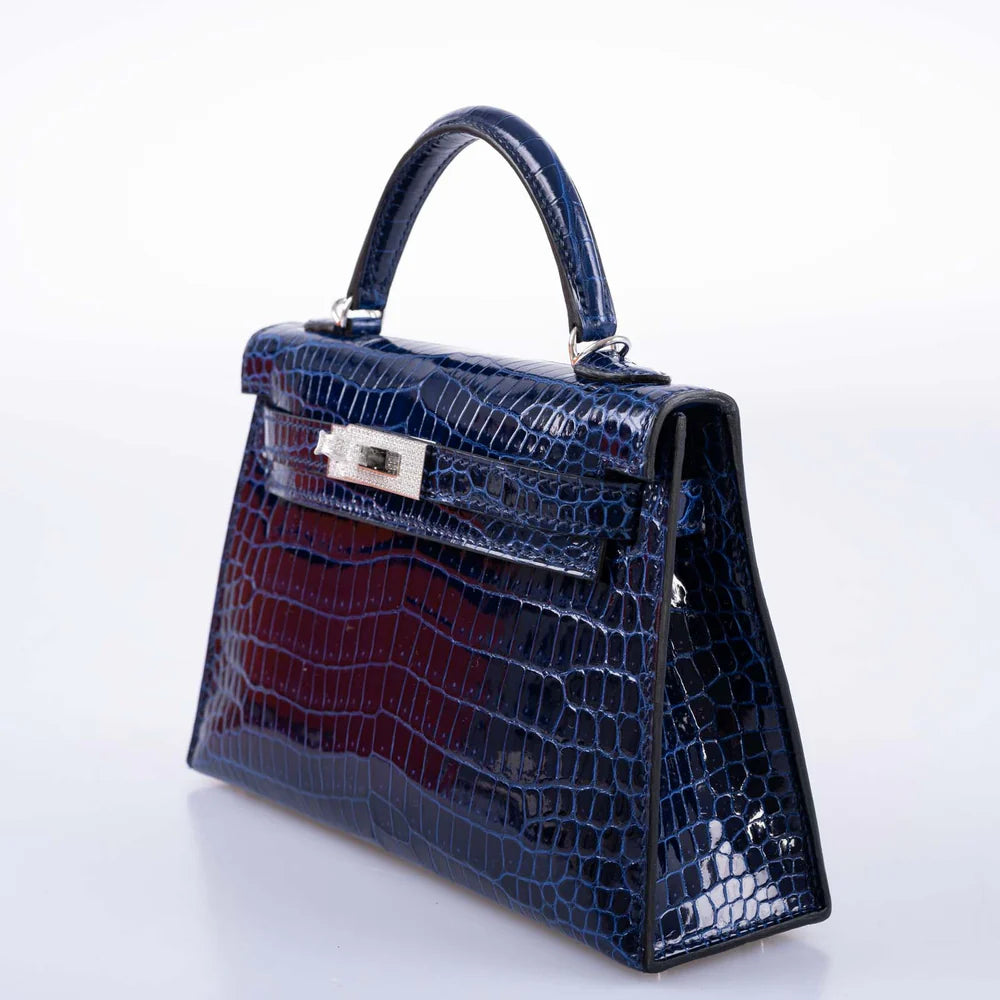 KELLY 20 MINI II SELLIER BLUE SAPPHIRE POROSUS CROCODILE WHITE GOLD HARDWARE WITH DIAMONDS