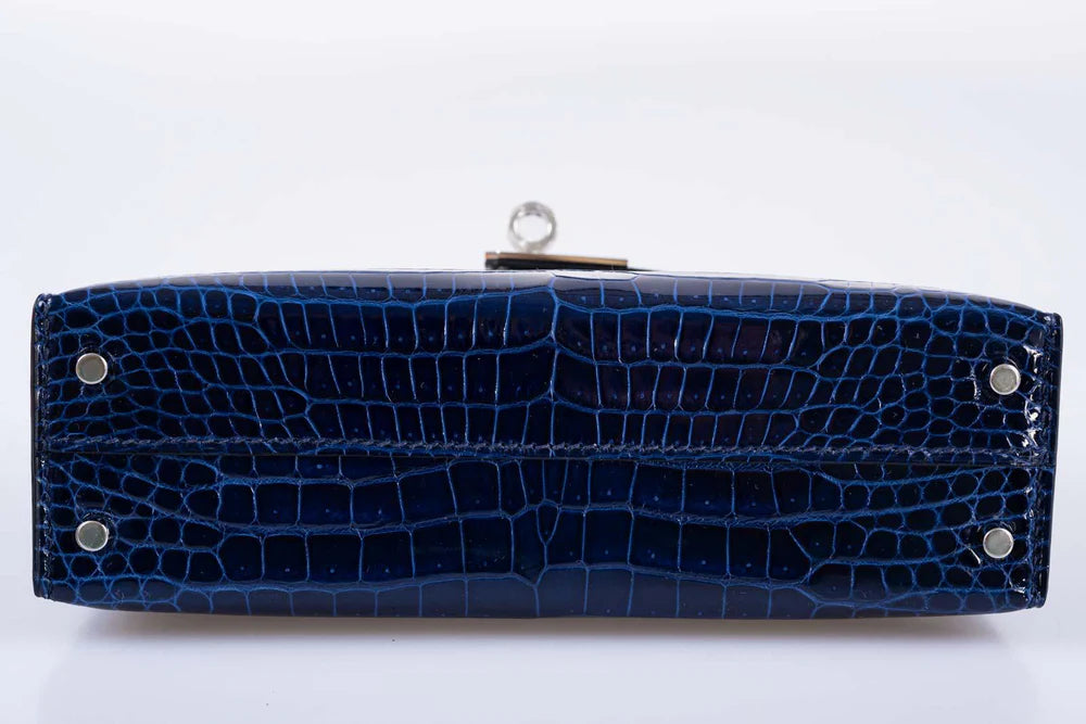 KELLY 20 MINI II SELLIER BLUE SAPPHIRE POROSUS CROCODILE WHITE GOLD HARDWARE WITH DIAMONDS