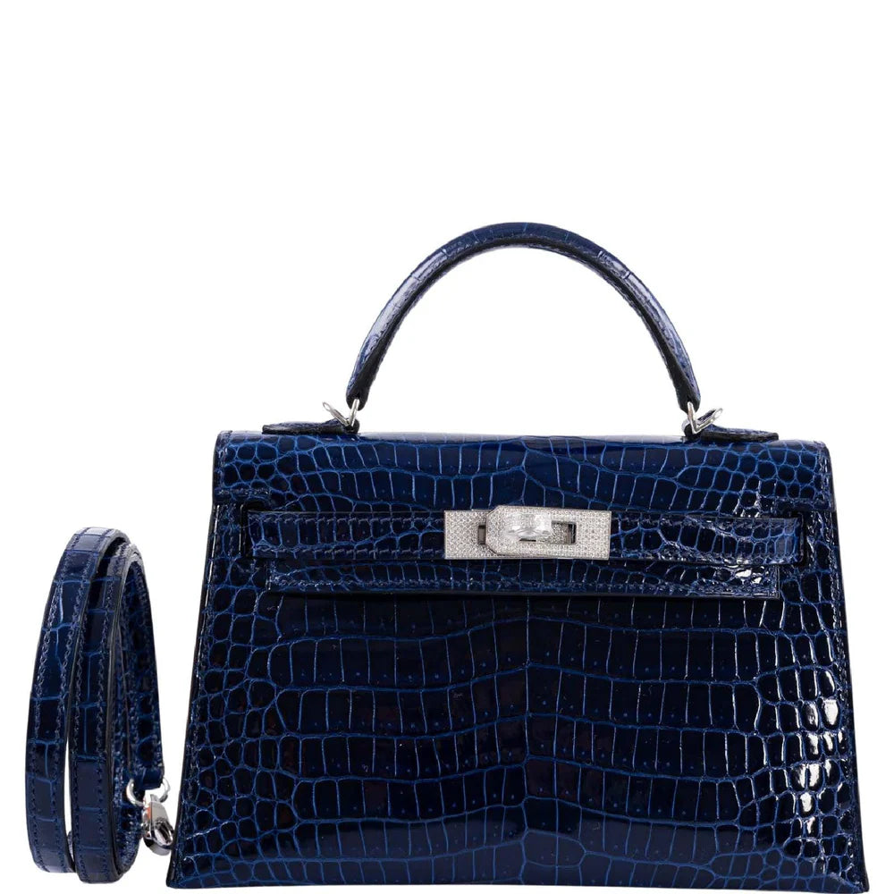 KELLY 20 MINI II SELLIER BLUE SAPPHIRE POROSUS CROCODILE WHITE GOLD HARDWARE WITH DIAMONDS