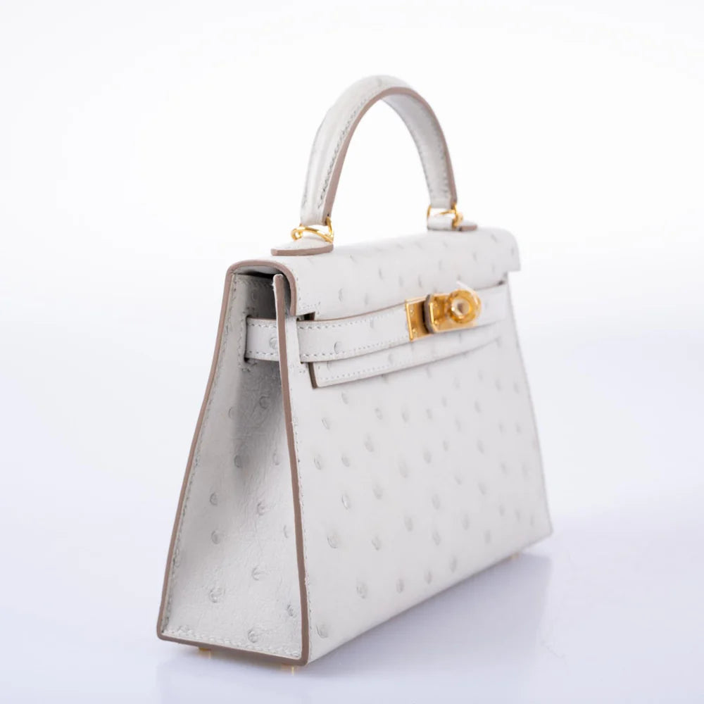 KELLY 20 MINI II SELLIER GRIS PERLE OSTRICH WITH GOLD HARDWARE