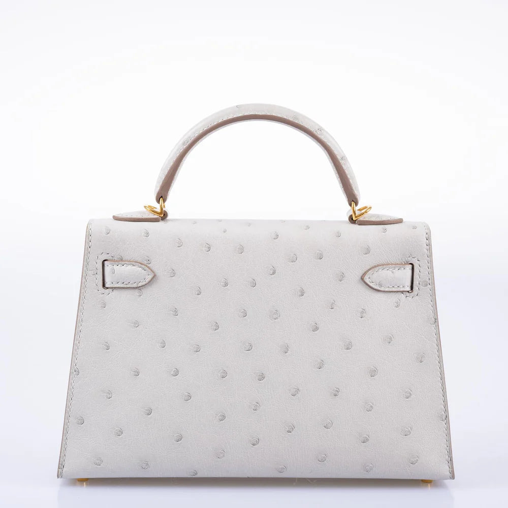 KELLY 20 MINI II SELLIER GRIS PERLE OSTRICH WITH GOLD HARDWARE
