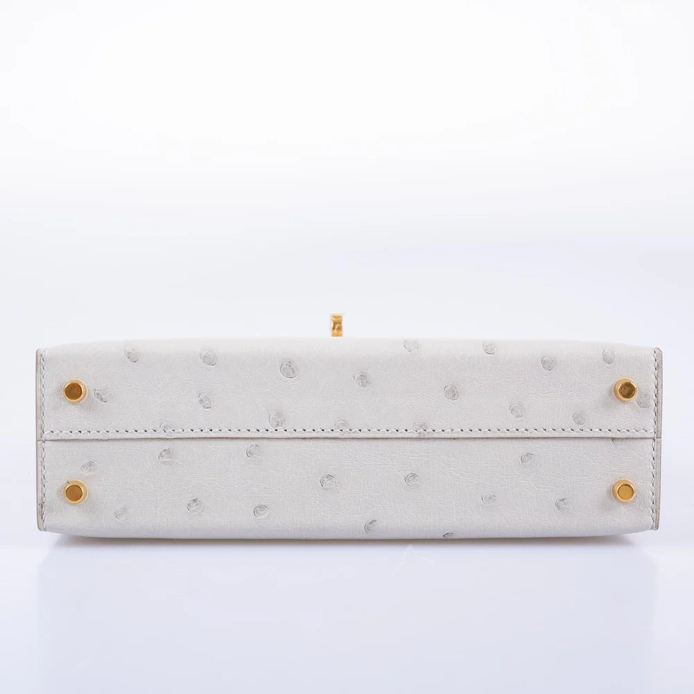 KELLY 20 MINI II SELLIER GRIS PERLE OSTRICH WITH GOLD HARDWARE