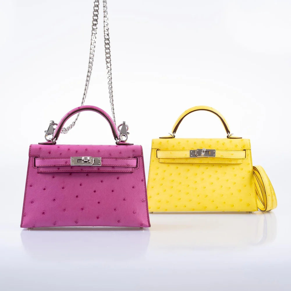 KELLY 20 MINI II SELLIER JAUNE CITRON OSTRICH PALLADIUM HARDWARE
