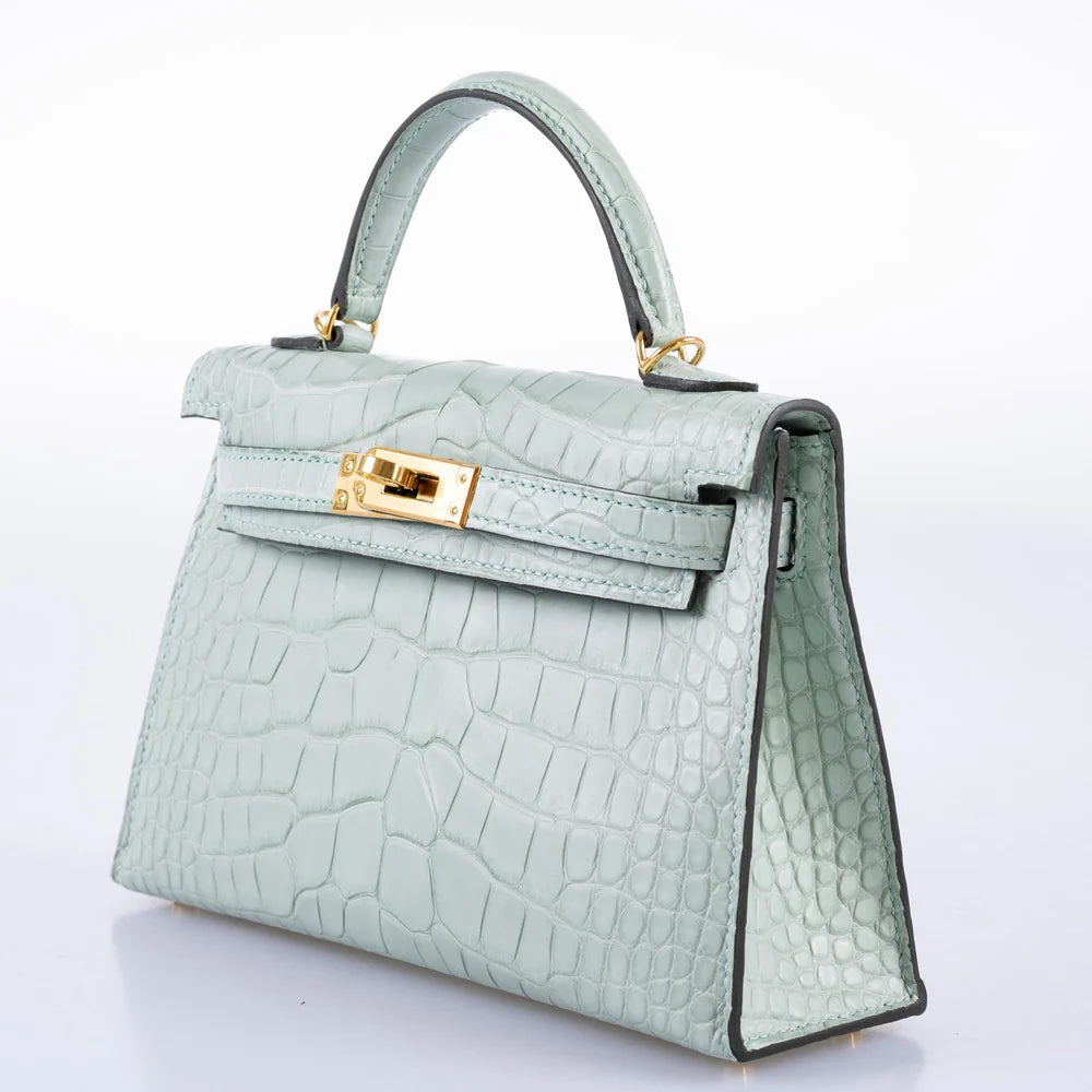 KELLY 20 MINI II SELLIER VERT D'EAU MATTE ALLIGATOR GOLD HARDWARE