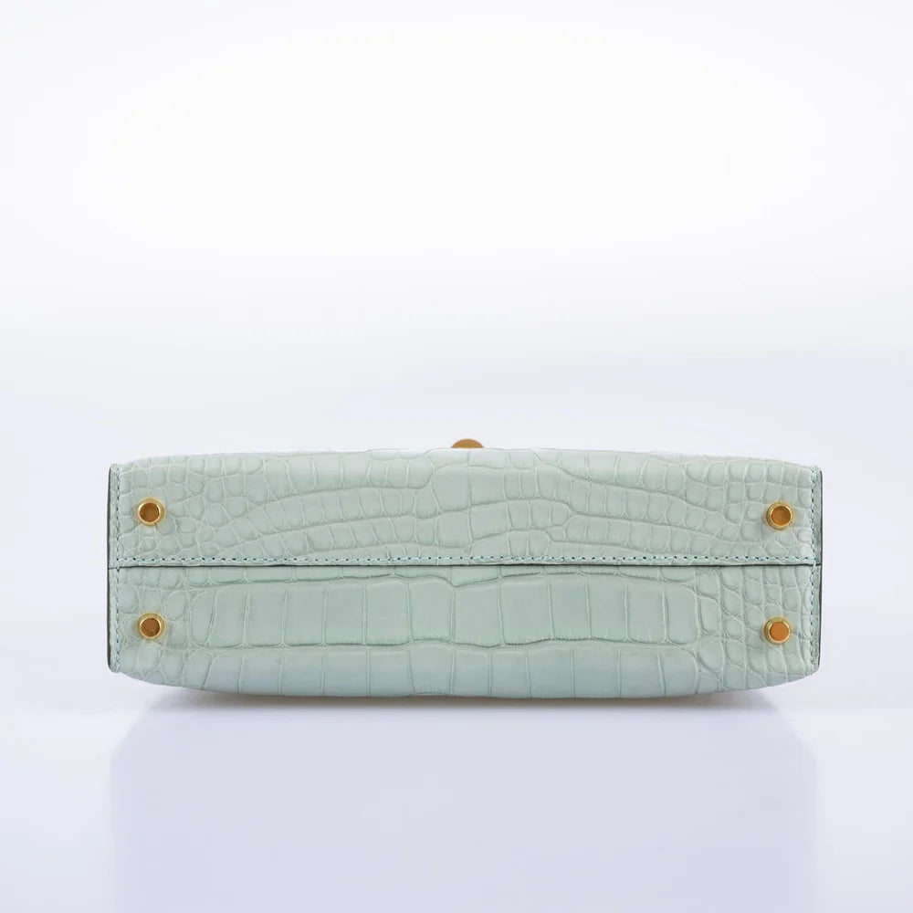 KELLY 20 MINI II SELLIER VERT D'EAU MATTE ALLIGATOR GOLD HARDWARE