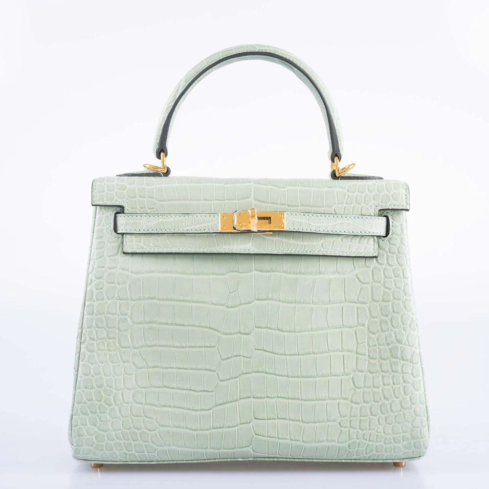 KELLY 25 MATTE VERT D'EAU POROSUS CROCODILE GOLD HARDWARE