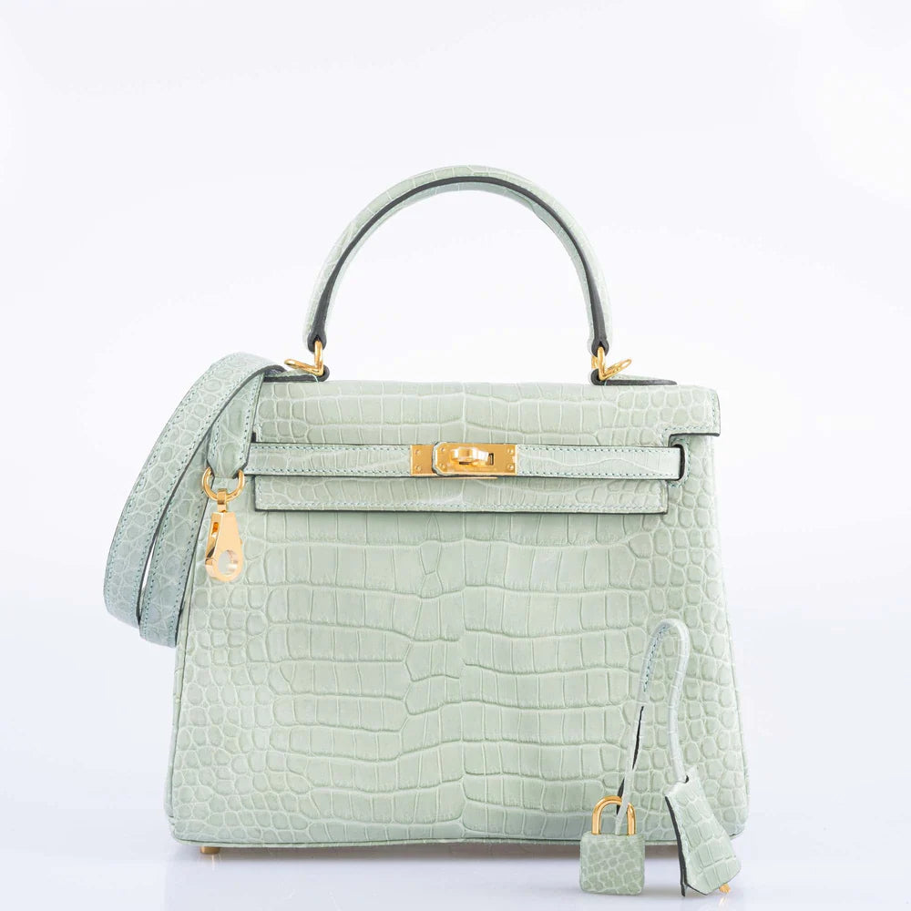 KELLY 25 MATTE VERT D'EAU POROSUS CROCODILE GOLD HARDWARE