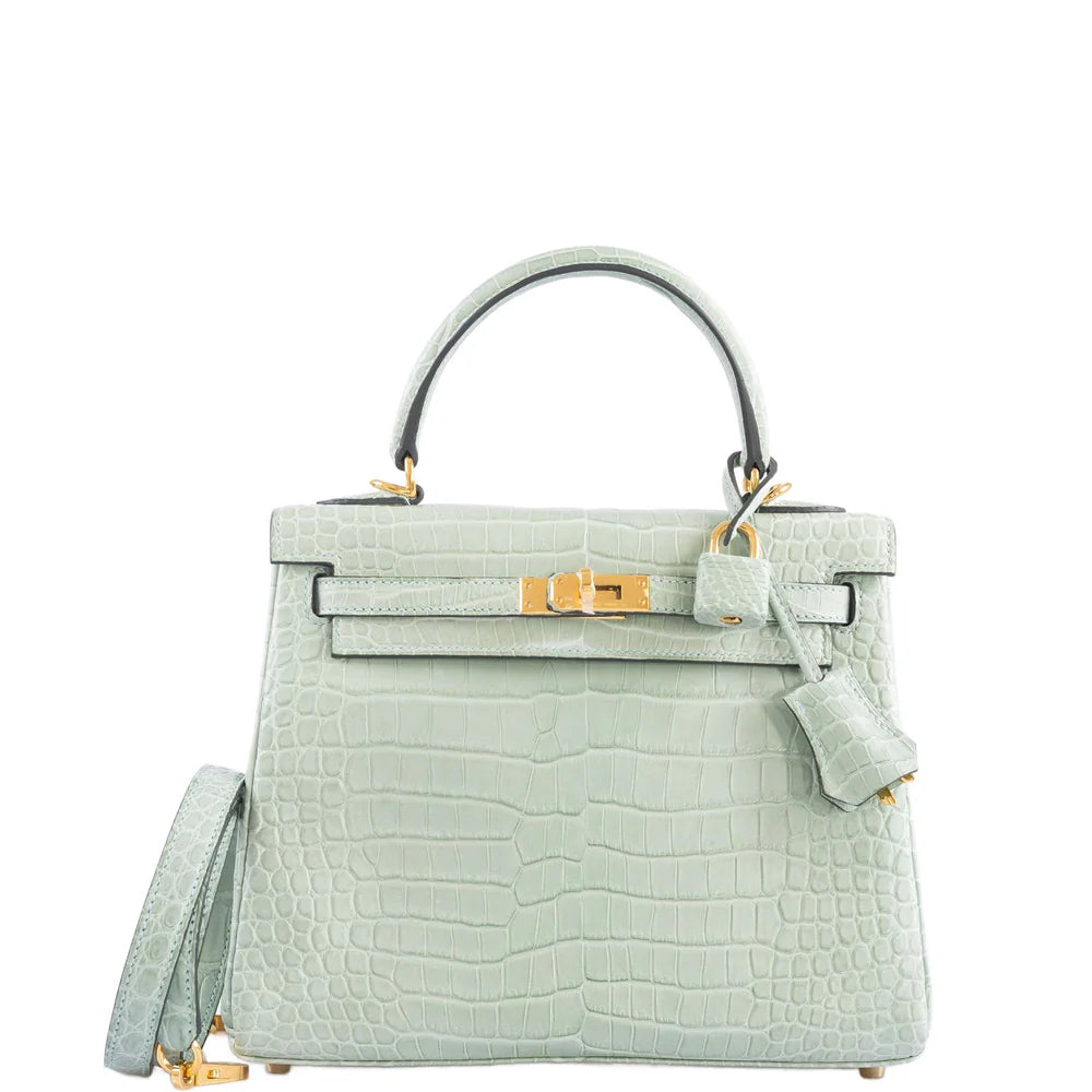 KELLY 25 MATTE VERT D'EAU POROSUS CROCODILE GOLD HARDWARE