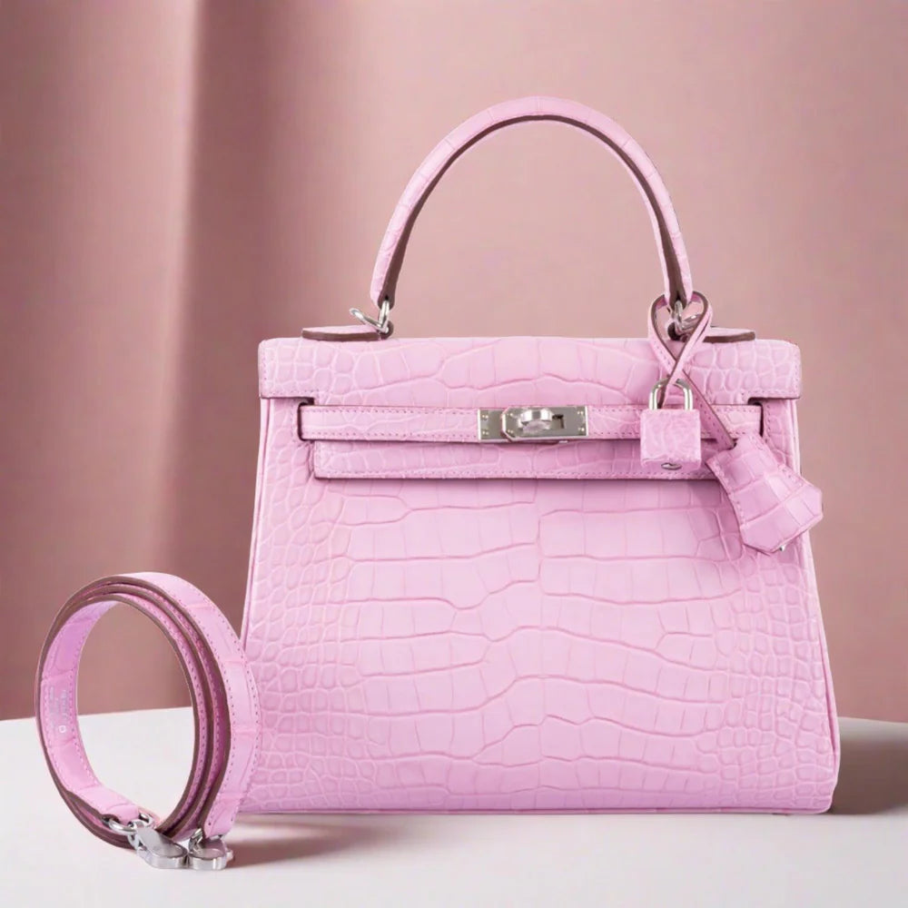 KELLY 25 RETOURNE MATTE 5P BUBBLEGUM PINK ALLIGATOR PALLADIUM HARDWARE