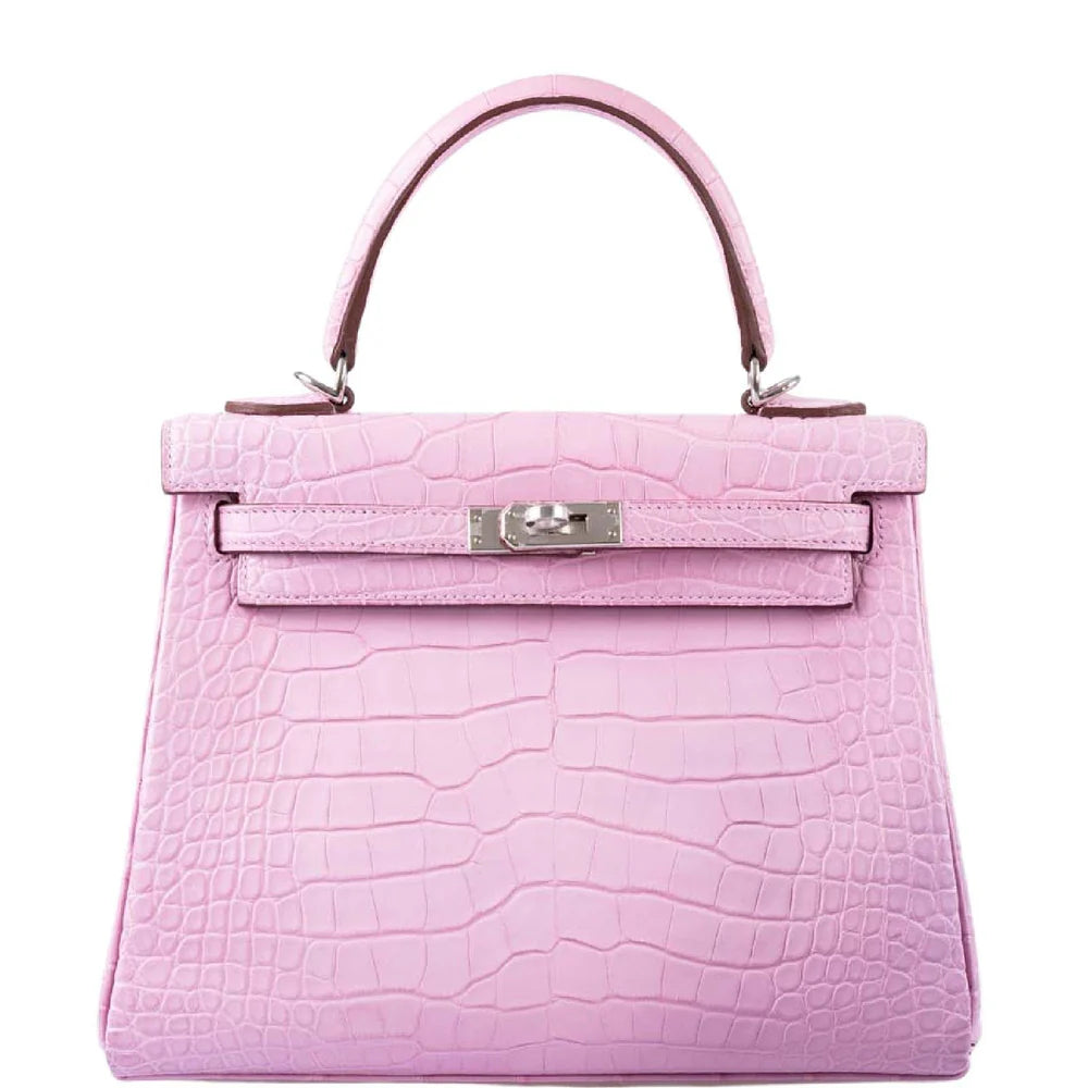 KELLY 25 RETOURNE MATTE 5P BUBBLEGUM PINK ALLIGATOR PALLADIUM HARDWARE