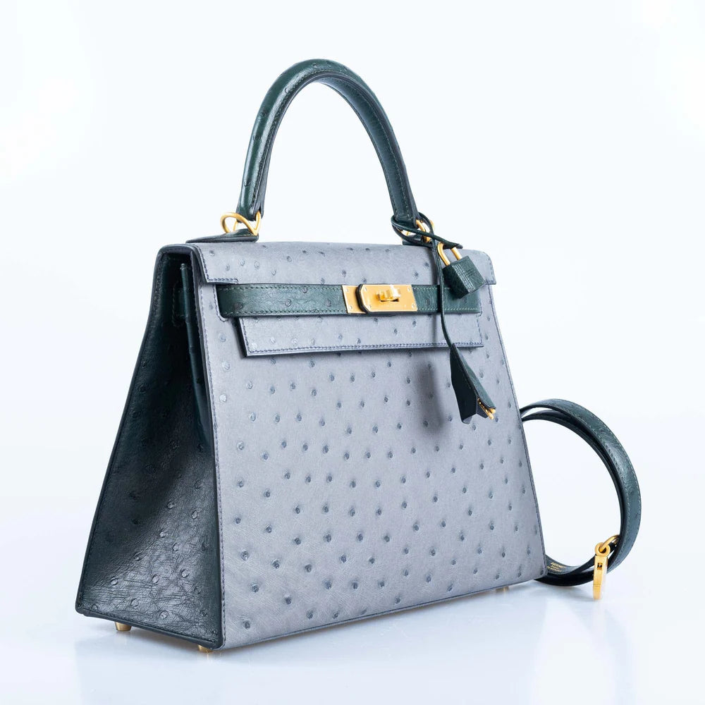 KELLY 28 HSS SELLIER GRIS AGATE AND VERT TITIEN OSTRICH BRUSHED GOLD HARDWARE