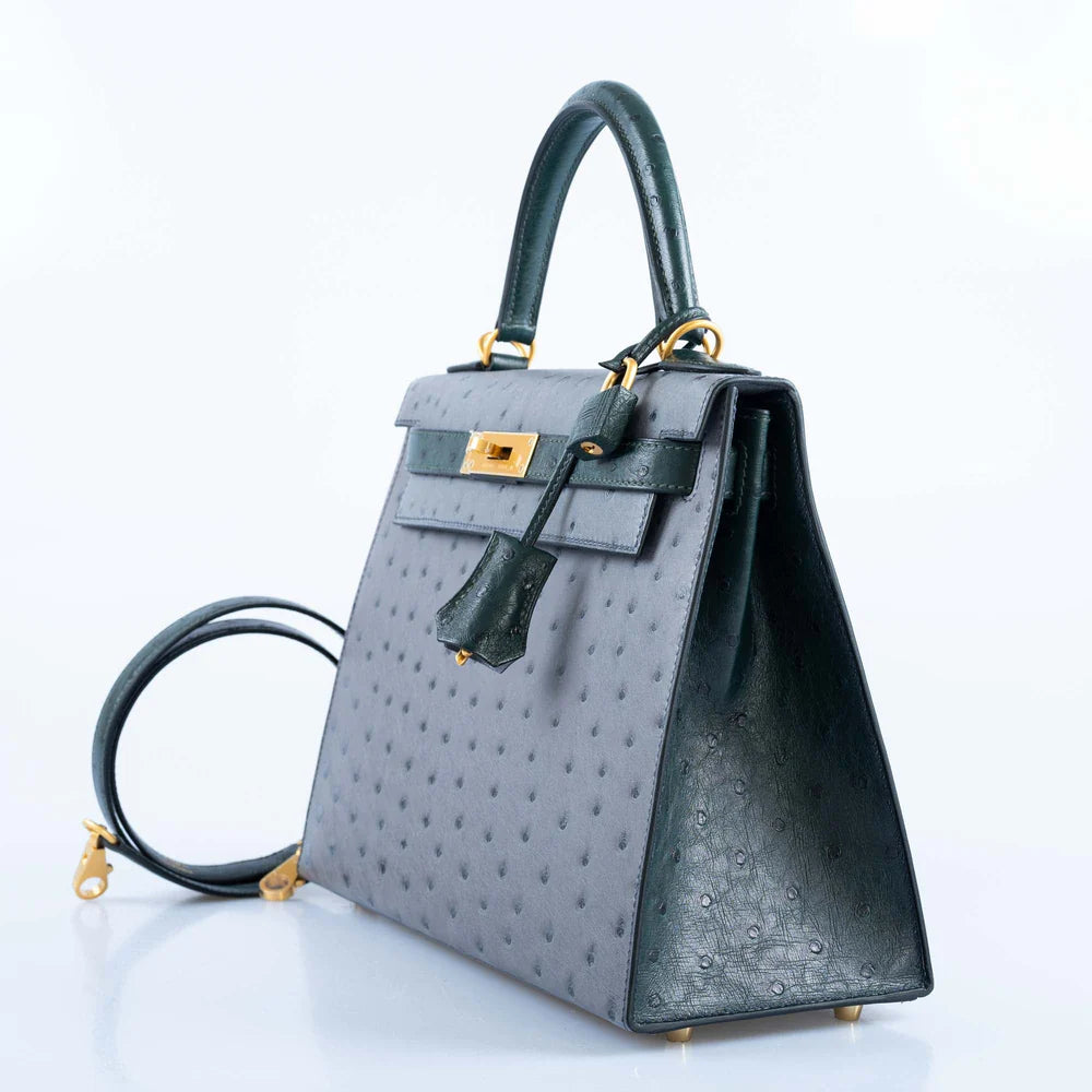 KELLY 28 HSS SELLIER GRIS AGATE AND VERT TITIEN OSTRICH BRUSHED GOLD HARDWARE