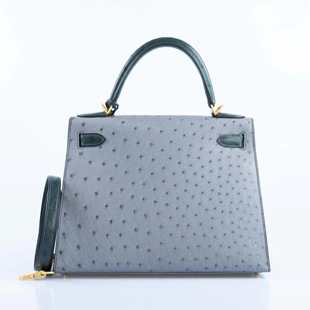 KELLY 28 HSS SELLIER GRIS AGATE AND VERT TITIEN OSTRICH BRUSHED GOLD HARDWARE