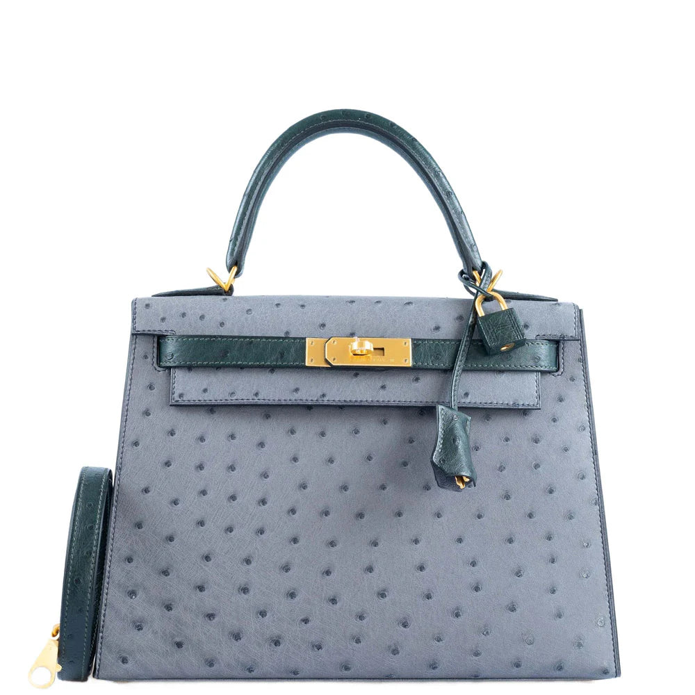 KELLY 28 HSS SELLIER GRIS AGATE AND VERT TITIEN OSTRICH BRUSHED GOLD HARDWARE