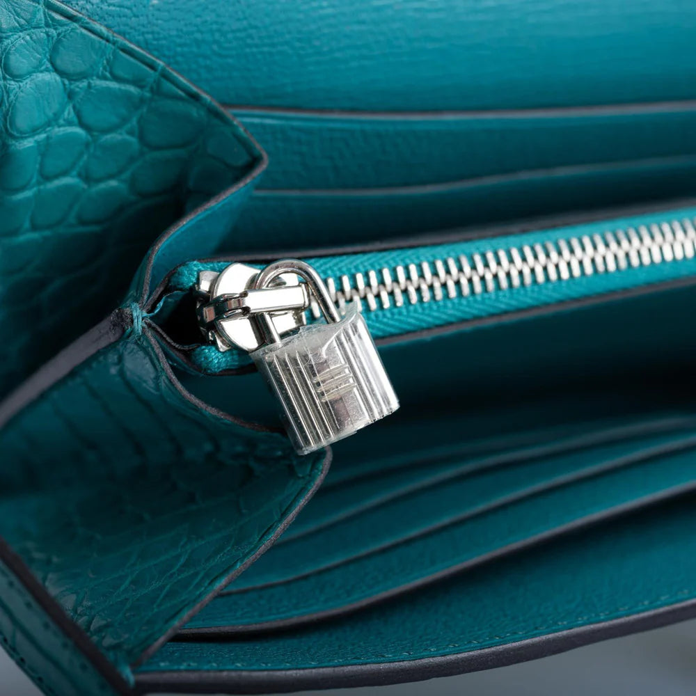 KELLY LONGUE WALLET BLUE PAON MATTE ALLIGATOR WITH PALLADIUM HARDWARE