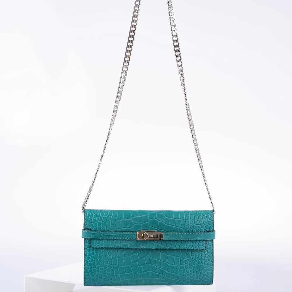 KELLY LONGUE WALLET BLUE PAON MATTE ALLIGATOR WITH PALLADIUM HARDWARE