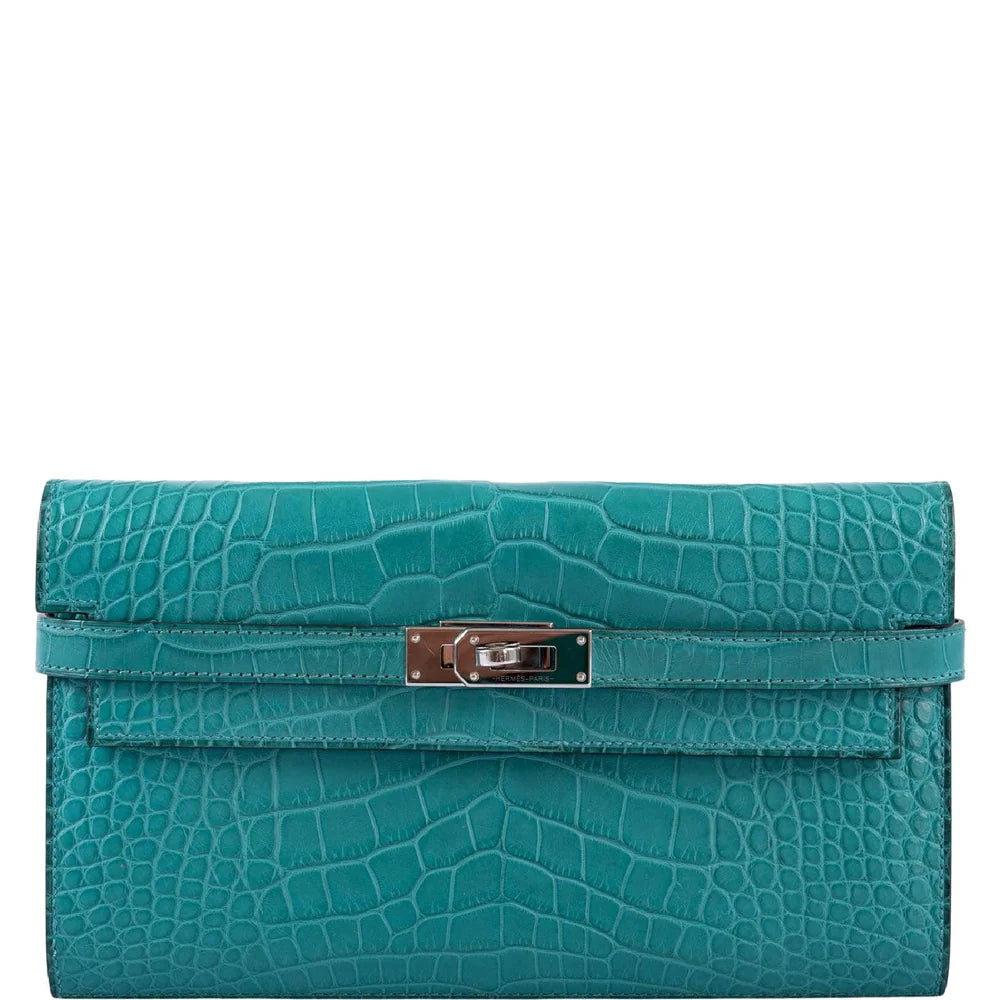 KELLY LONGUE WALLET BLUE PAON MATTE ALLIGATOR WITH PALLADIUM HARDWARE